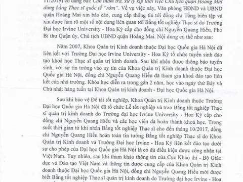 Chủ tịch quận Hoàng Mai dùng bằng thạc sĩ 'rởm': Phản hồi của Văn phòng HĐND và UBND quận